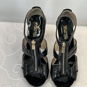 Michael Kors 8M Black Patent Leather High Heel Sandals With Gold Zipper